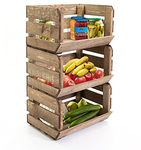 Holzfee Stapelkiste Obst Gemüse TRIO Gemüsehorde Obsthorde (Dunkel, mit Rollen)
