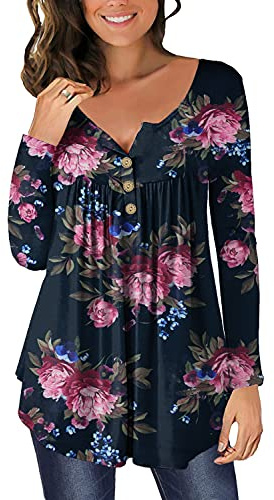 Blus långärmad blusar & tunikor för kvinnor knappar blusar toppar blommor tunika damtoppar, L blomsvart, 3XL