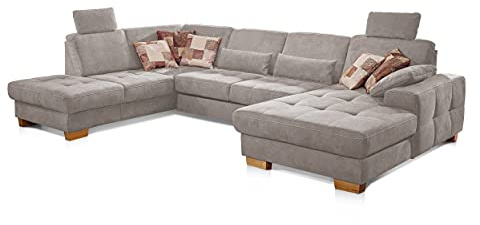 CAVADORE Wohnlandschaft Puccino mit Federkern, Bettfunktion, Bettkasten, Sitztiefenverstellung und 2 Kopfstützen / Sofa in U-Form im Landhausstil / 340 x 86 x 224 cm / Mikrofaser Hellgrau