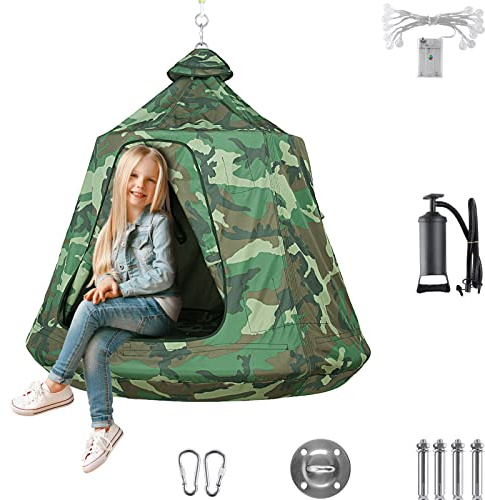 AthLike Hanging Tree Tent for Kid, Indoor Outdoor Hanging Tent, Waterproof Tree Ceiling Pod, Portable Hang Out Huggle Pod Play Tents w/Rainbow Lights String, Inflatable Base, 45 H x 44 W 330lbs