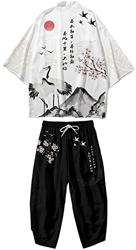 WYUKN Traditional Kimono Set,Japanese Style Kimono Men Pajamas Suit，Long Sleeve Trousers Set Couple Home Service,B1-M