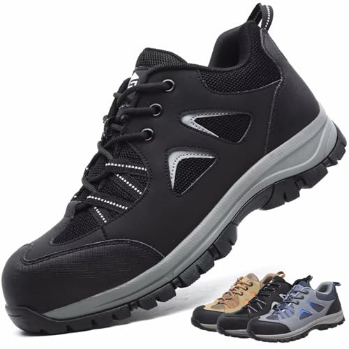 CYKYGGO Arbeitsschuhe Herren Sicherheitsschuhe Damen Leicht Atmungsaktiv rutschfeste Anti Smashing Stahlkappenschuhe Schwarz 46
