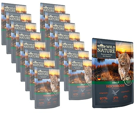 Dehner Wild Nature Nourriture pour Chat Adulte, tourbière, Canard/Dinde, 16 x 85 g (1,36 kg)