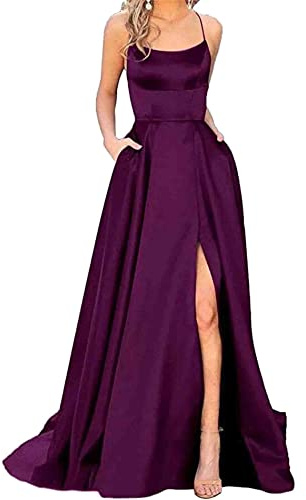 Hahaemma Robe longue et élégante pour femme avec poches, en satin, ligne A, dos nu - Parfait comme robe spaghetti, robe longue, robe de princesse, robe de demoiselle d'honneur, Violet, XS