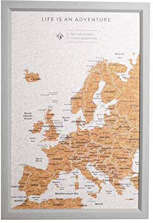Splosh Kleine Europa-Reisekarte mit 100 Pins - Grau | Gerahmte Kork-Pinnwand mit 100 Pins in 2 Farben zum Markieren vergangener und zukünftiger Abenteuer.