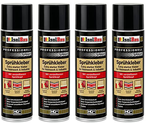Isolbau Lot de 4 flacons de colle en spray 500 ml – Colle extra forte pour bricolage et industrie – Spray adhésif pour mousse, bois, tissu, cuir, feutre, etc