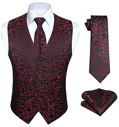 HISDERN Herren FLoral Hochzeit Weste Krawatte Einstecktuch Taschentuch Jacquard Weste Anzug Set