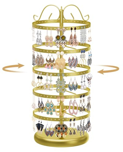 MODOWEY Rotating Earring Holder Organizer Stand, 5 Tier Metal Tree Display for Women Vendors, 220 Holes Adjustable Jewelry rack for Stud Hoop Dangle Storage, Trendy Carousel Keeps Dresser Neat, Gold