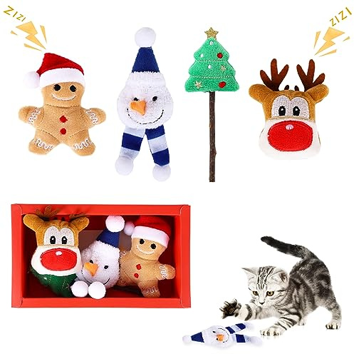 Weihnachten Katzenminze Plüschtiere, 4Stück Weiches Plüsch Katzenspielzeug für Weihnachten Interaktives Katzenspielzeug Katzenglocken-Spielzeug Weihnachtsspielzeug Geschenke für Haustiere Kätzchen
