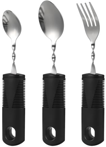 SOLUSTRE Biegsames Besteck Für Senioren Adaptive Utensilien Für Ältere Menschen Gebogene Gabel Und Löffel Set Mit Rutschfester Struktur Esshilfe Für Patienten 3 Teilig