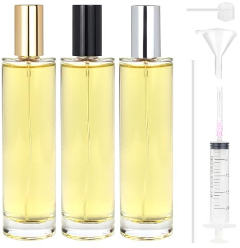 Samulee 3 Pièces Vaporisateur Parfum Verre 100ml, Flacon Parfum Vide Rechargeable, Atomiseur en Verre, Bouteille Vide pour Voyage, Vacances, Cadeaux (Capuchon Doré, Argenté et Noir)