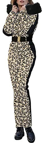 Schneeanzug Damen - Einteiler Warm Skijacke mit Fellkapuze Skioverall Lässig Warmhalten Verdicken Skianzug Große Größe Skijacke Skifahren SäTze Skisuit Outdoor Wasserdicht Sport Schneeanzug