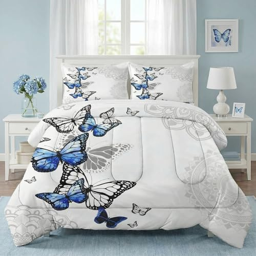 WeCozy King Size Comforter Set with 2 Pillowcases, Summer Spring Blue Butterfly 3 Pcs Bedding for Kids and Adults, Abstract Circular Mandala Floral Soft Comforter Set for Bedroom Bed Decor