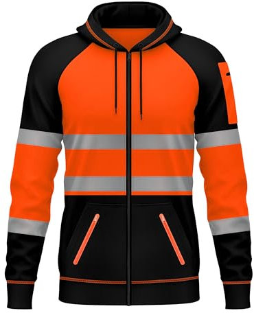 Mens Hi Viz Vis Reflective 3 Zips Pockets Zipper Patched Fleece Sweatshirt Work Hoodie Top Jacket