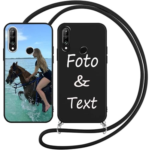 DCPPCY Handykette Personalisierte Handyhülle für Huawei P30 Lite Hülle mit Band Kordel,Selbst Gestalten personalisiert Foto Bild Individuelle Schutzhülle Schwarz Silikon Stoßfest Individuelle Case