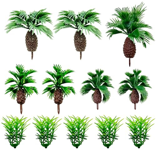 Cayway 12 Stück Modellbau Bäume Miniatur Palme Kunststoff und Mini Gras Modell, Palme Kokosnuss Kunststoff für DIY Landschaft Gartendeko, Modelllandschaft