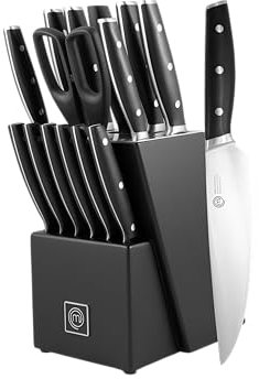 MasterChef Kitchen Knife Set with Block and Sharpener Plus Scissors, 15pc Chef Knife Set of Professional Grade Kitchen Knives with Sharpened High Carbon Stainless Steel Blades & Triple Riveted Handles