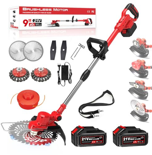 SHJICH Cordless strimmer with battery and charger, 4-In-1 Cordless Strimmer, 2 * 4000mah Garden Strimmer, 21v Strimmers Electric, 90-140cm Telescopic Handle Grass Trimmer, For Garden,Weed,Lawn,Branch