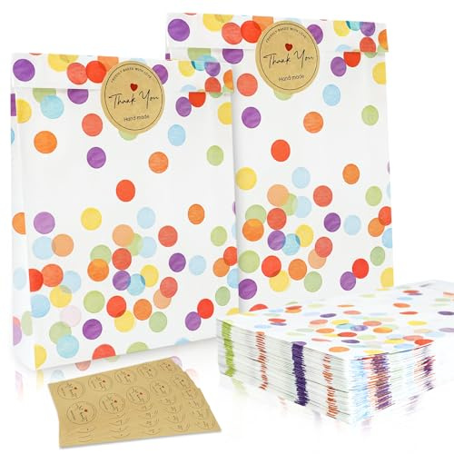 50pcs Rainbow Dots Party Bags Reusable Kraft Paper Bags with 50pcs Stickers | 19 x 13 x 3.5 cm Stable Small Party Bags for Kids Parties Halloween Christmas Baby Showers