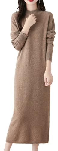 Ailaile Vestido de punto 100 % de lana merina, para mujer, manga larga, cuello alto falso, acanalado, para otoño e invierno, Camello, M