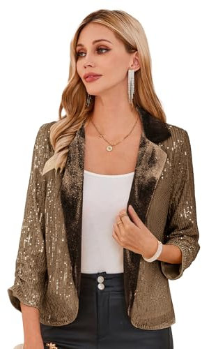 GRACE KARIN Giacca da donna aperta sul davanti con paillettes, maniche a 3/4, colletto con risvolto, Marrone, L
