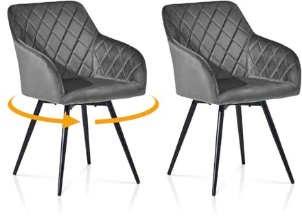 TUKAILAI Esszimmerstühle Drehbar 2er Set Samt, Grau | Drehstuhle Esszimmer, mit Armlehnen, Rückenlehne, Metallbeine,Küchenstuhle,für Wohnzimmer Küche Schlafzimmer