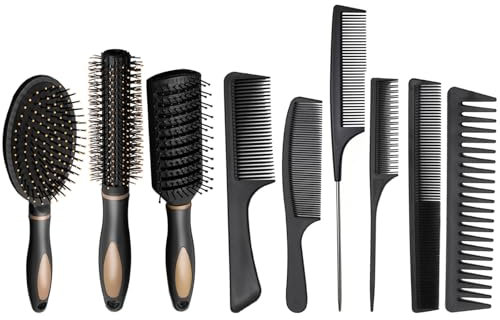 9 Packs Hair Brush Set, Detangling Brush Paddle Brush Round Hair Brush Tail Comb Wet Dry Brushes, Massage Combs, Hairbrush Anti-Static, Edges Brushes for Home Salon Supplies(Black)