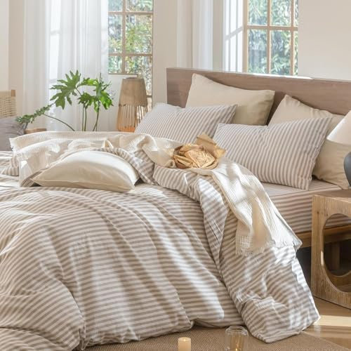 Lanqinglv Bettwäsche 135x200 Baumwolle Gestreift Beige Weiß,100% Renforce Baumwolle Bettwäsche Set mit Reißverschluss,ÖKO-TEX Bettwäsche für Allergiker Geeignet,1 Bettbezug & 1 Kissenbezug 80x80 cm