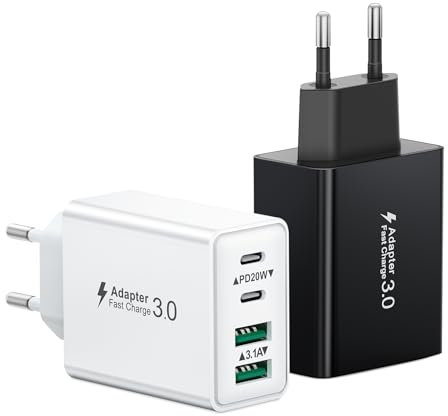 Chargeur USB C, 40W 4 Port Prise Chargeur Rapide USB C, 2Pack Multiple Secteur Double PD+QC 3.1A Type C Adaptateur pour iPhone 17 16 15 14 13 12 11 Pro Max 8 7 6S Plus Mini SE, iPad, Samsung Galaxy