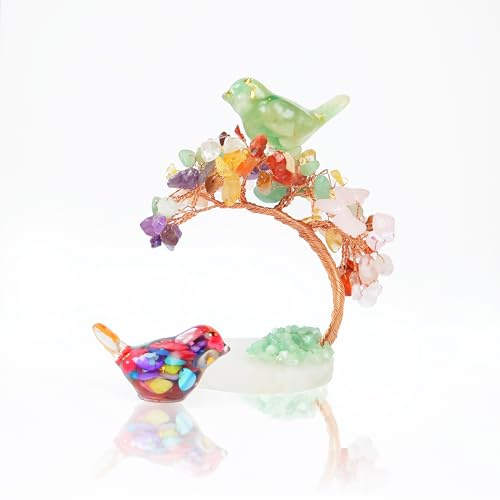 Small Birds Statues with Healing Crystal Tree, Home Decor Modern Style Birds with Tree of Life for Positive Energy. Decorative Ornaments for Living Room, Bedroom, Office Desktop, Cabinets (Colorset2)