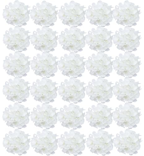 FagusHome 30 Pcs Silk Hydrangea Heads Artificial Flowers Only Heads No Stems Fake Hydrangea Flowers for Home Wedding Decor No Stems (Pure White)