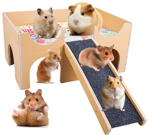 PORFOYO Maison Cabane Cochon d'Inde avec Rampe 4 Entrées, Lapin Intérieur en Bois, Cabane Lapin et Cochon d’Inde pour Rongeurs, Chinchilla, Hamsters Nains 38 x 23,7 x 18 cm