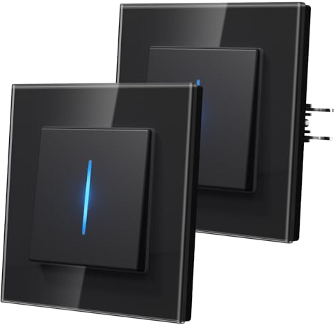 MVAVA Interruttore della luce da incasso con strisce luminose blu, moderno interruttore in vetro, montaggio semplice, 86 mm x 86 mm, interruttore da parete, 1 posto, 2 vie, 2 pezzi, nero