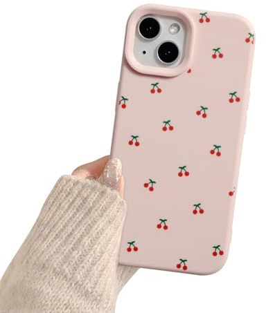 Reownest Hülle für iPhone 15, Weiche Schlanke TPU Case Cover mit Süßem Kirschmuster und Erhöhtem Kameraschutz, Ästhetische Handyhülle für Mädchen & Frauen – Rosa