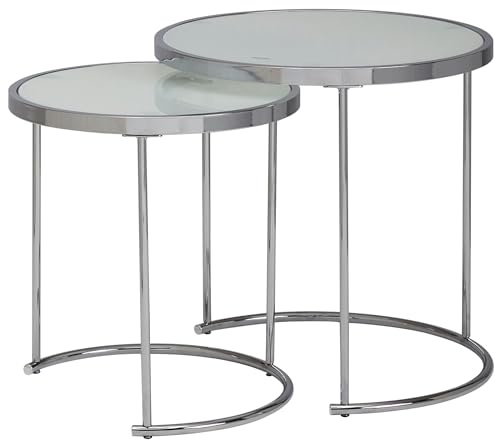 FineBuy Beistelltisch 2er Set Rund 50/42 cm Weiß mit Glasplatte