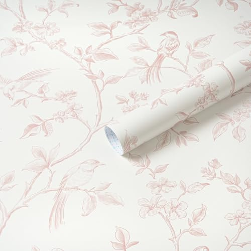 Yomshi Self Adhesive Wallpaper Pink Peel and Stick Wallpaper Bird Floral Wallpaper Sticky Back Plastic 44x300cm Waterproof Vinyl Film for Bedroom Living Room