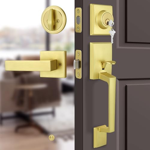 Moquin Gold Front Door Handleset, Zinc Alloy Heavy Duty Exterior Entry Handleset with Interior Reversible Lever,Brushed Gold Front Door Lock Set for Left/Right Handed Doors, Satin Brass
