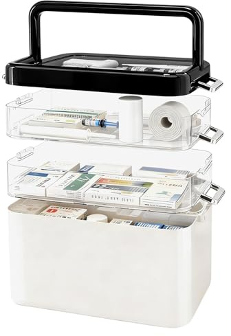 LIROPAU 3 Etagen Medikamenten Aufbewahrung | Kunststoff Hausapotheke Box mit Griff und herausnehmbarem Fach für Zuhause, Büro, Schule - 31.5X21.5X29cm