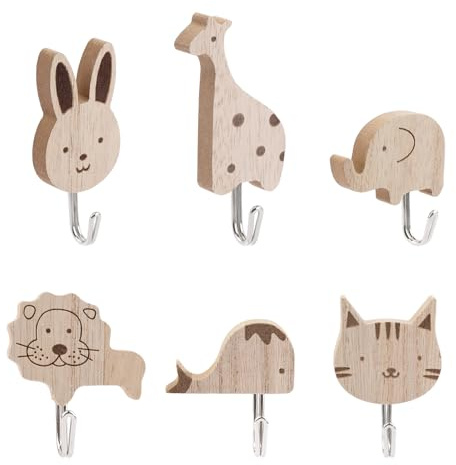 6 Stück Süße Tier Kindergarderobe Haken,Cartoon Holz Kleiderhaken Kinder | Selbstklebende Garderobenhaken Kinder,Kaninchen,Giraffe,Elefant,Löwe,Wal, Katze Wandhaken für Schlafzimmer Kinderzimmer