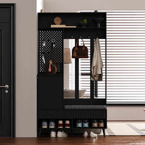 Gxffipw Garderobe Set 180 cm Hohes mit Schuhbank und Wandgarderobe, Garderobenset mit 4 Kleiderhaken und Schuhschrank, Flurgarderoben Set mit 2 Schubladen und 1 Türen, Flur Möbel, Schwarz