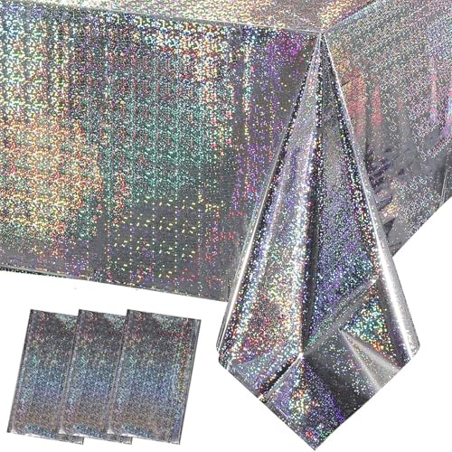3 Stück Laser Holografisch Tischtuch Silber Rechteckige Wasserdicht Glitzer Tischdecke, 137x274cm Laser Folie Plastik Tischdecken für Party Geburtstag Hochzeit Dekoration Metallische Tischfolie