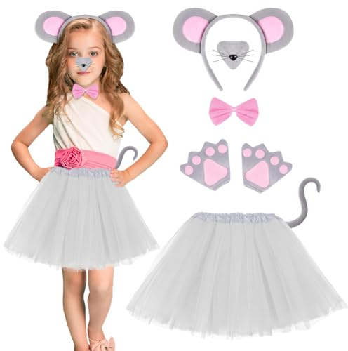 AOOWU Musdräkt kit, djurkostym, barn, set, tutu kjol, pannband mus öra, fluga, svans, tillbehör, karneval, halloween, cosplay, show, maskerad