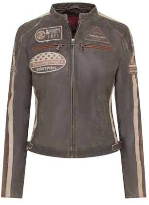 Infinity Leather Chaqueta de Motociclista Vintage de Cuero Color Canela con Insignias de Moto de Carreras Para Mujer