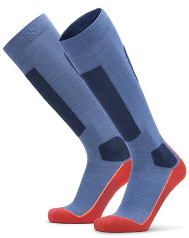 DANISH ENDURANCE Sockor i Merino, skidåkning, ultralätt, direkt kontakt med pjäxan och bättre kontroll, Blå/Röd, 39-42
