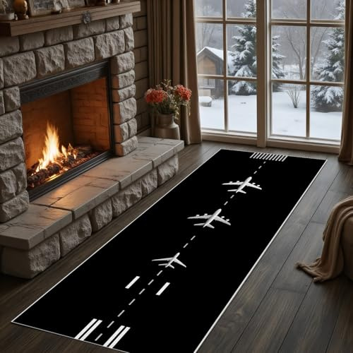 Meugesoi Flugzeug Runway Teppich Läufer 60x120 cm Landebahn Carpet rutschfest Waschbar Bettumrandung Schlafzimmer, Piloten Teppichläufer für Küche Flur Eingangsbereich