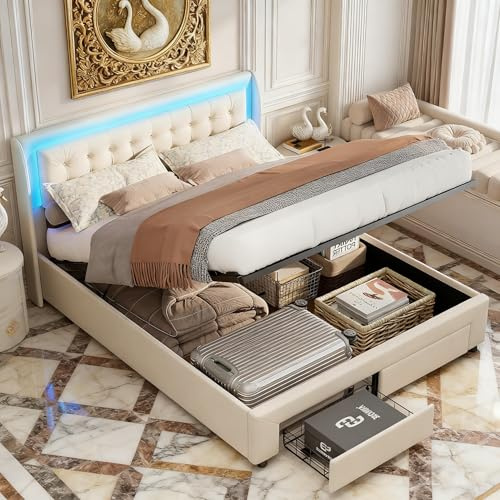 BRYXR Polsterbett 180x200, Doppelbett mit RGB LED, USB-Anschluss und Stauraum, Hydraulisches Bett mit Schubladen, Inklusive Lattenrost und Kopfteil, Beige Samt(Ohne Matratze)