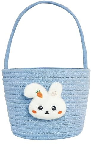 Formemory Easter Basket with Handle Plush Bunny Decoration,Cotton Rope Woven Egg Hunt Basket for Easter Gifts and Spring Celebrations