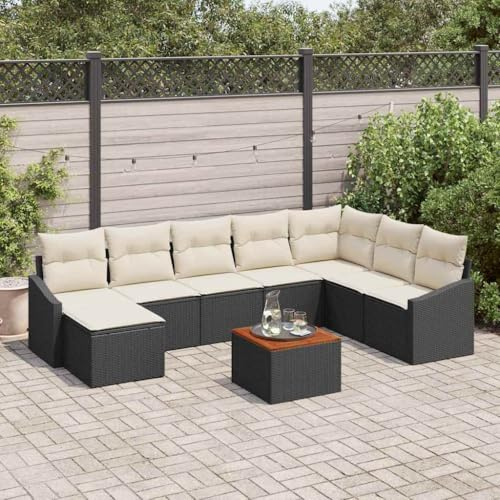 Owoxanthellate Gartenmöbel Set Schwarz 9-TLG L Form Lounge Sitzgruppe 8 Personen Akazienholz Poly-Rattan Outdoor Sofa for Balkon Terrasse Garten