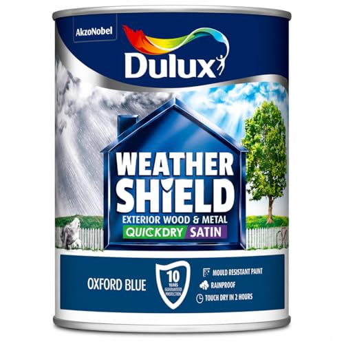 Oxford Blue Weathershield Quick Dry Exterior Satin Paint 750ml | Exterior Wood and Metal Paint | Mid Sheen Weatherproof Finish | Outdoor Satin Paint for Doors Gates Railings and Window Frames