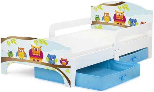 Leomark SMART Kleinkinderbett aus Holz - Eulen - Kinderbett mit Schubladen für Bettwäsche, Einzelbett mit Matratze, Stauraum, Rausfallschutz Lattenrost, Liegefläche 140 x 70 cm, UV-Druck